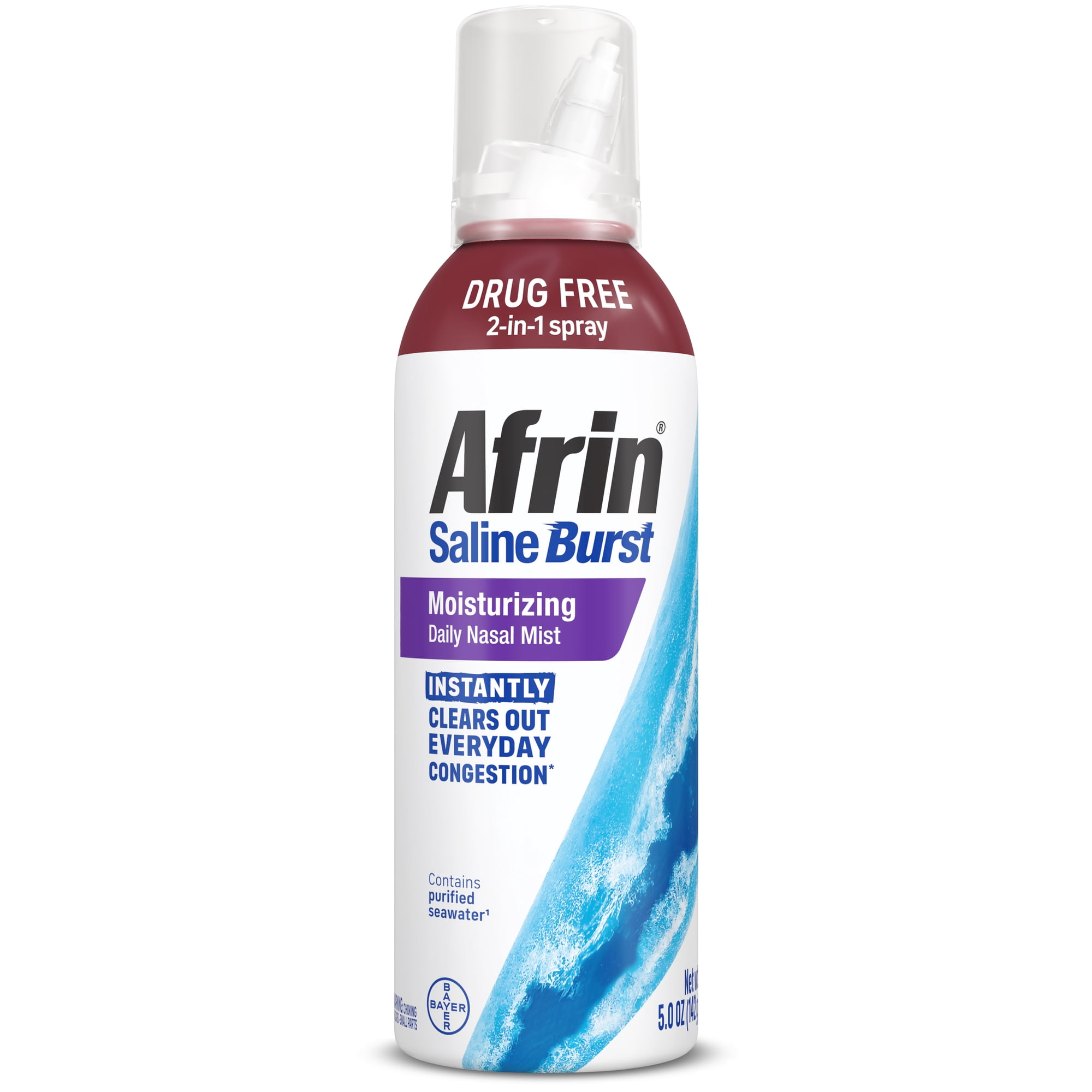 Afrin Saline Burst Moisturizing Daily Mist, Drug Free Isotonic Seawater Saline Nasal Spray with Dual Nozzle for Everyday Congestion and Dry Nose, Sinus Rinse for Nasal Irrigation, 5oz