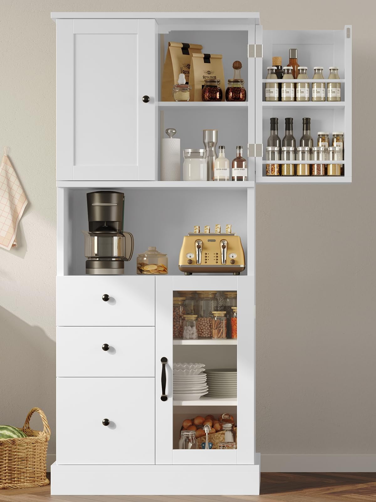 Tall Kitchen Storage with 3 Drawers and Glass Door