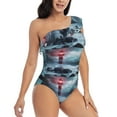 thumbnail image 3 of Easygdp Lighthouse in a Stormy Sea Women's One Shoulder Ruffle Monokini Bathing Suits with Removable Chest Pad, Quick Drying - Small, 3 of 8