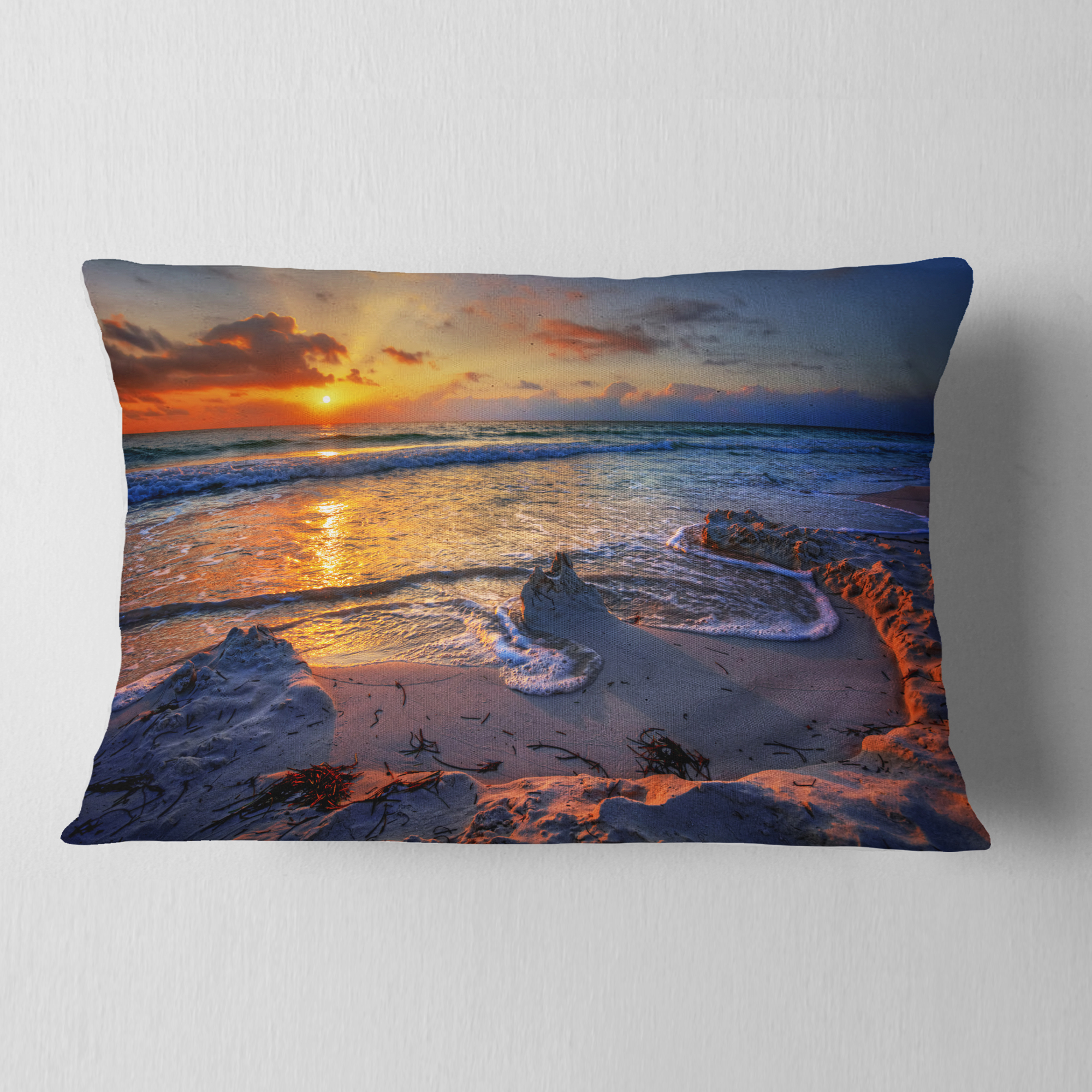 Designart Beautiful Seashore with Yellow Sun - Seashore Throw Pillow - 12x20