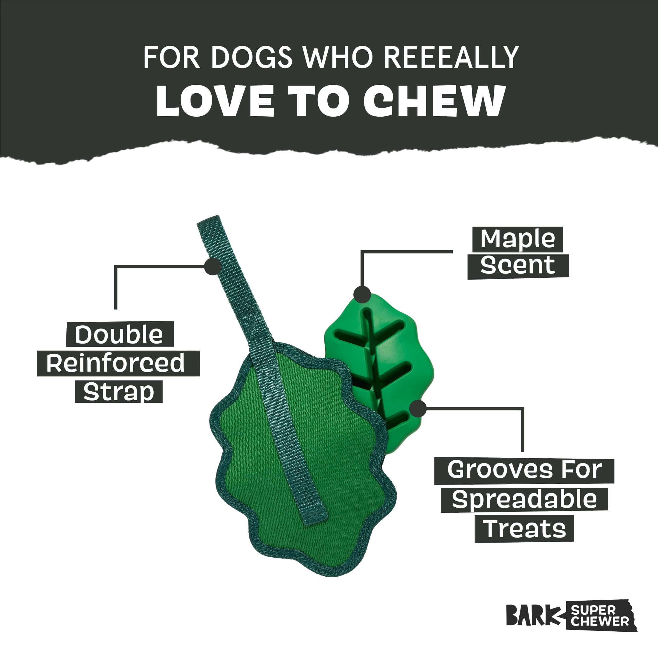BARK Super Chewer A Green Chew Leaf, Green Leaf Rubber Dog Toy S