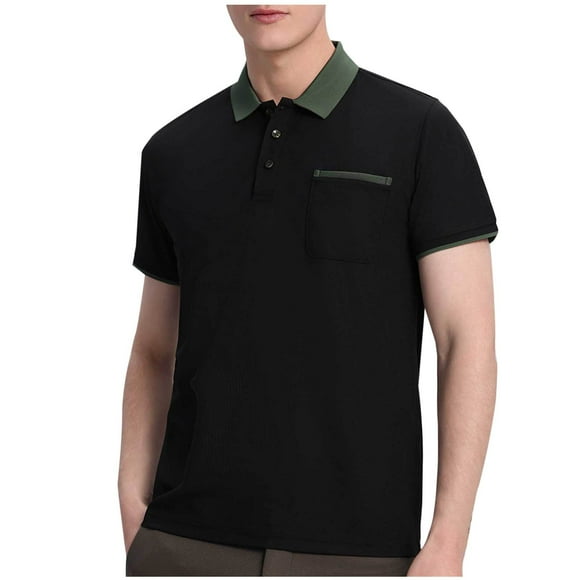hoksml Mens Short Sleeve Shirts Casual Golf Polos Shirt Solid-Color Collared Colour Blocking Button Pocket T Shirt Top Turndown Collar Blouse Tee Shirt Summer Clearance