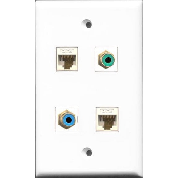 RiteAV 1 Port RCA Green and 1 Port RCA Blue 2 Port Cat6 Ethernet White Wall Plate