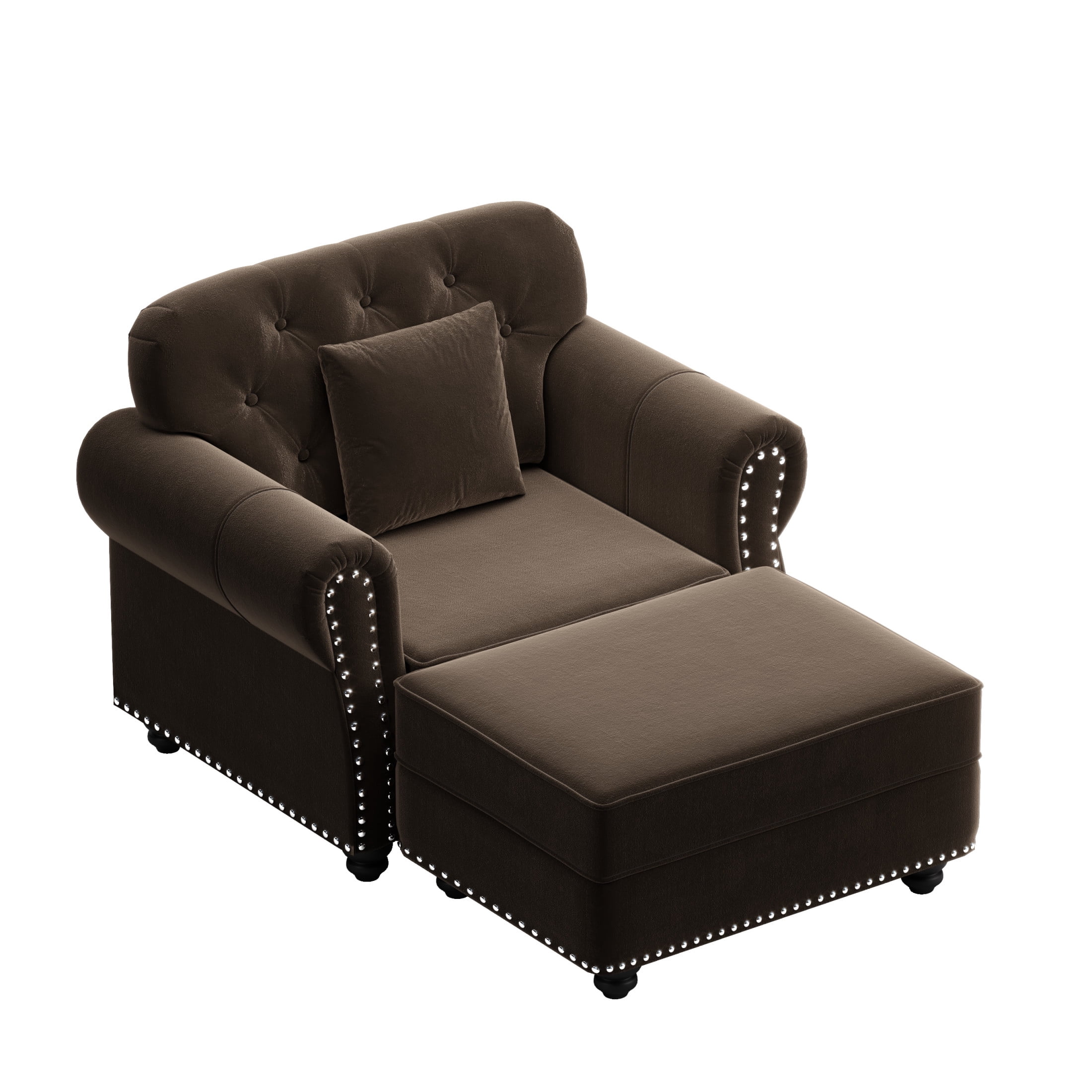 Noble House Kieran 1-Seater Velvet Chesterfield Sofa, Modern Tufted Armchair with Nailhead Trim and Ottoman, Brown