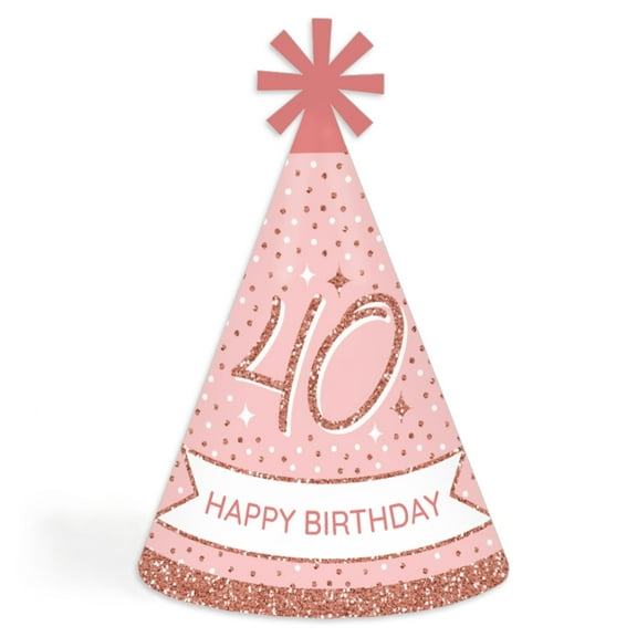 Big Dot of Happiness 40th Pink Rose Gold Birthday - Cone Happy Birthday Party Hats for Adults - Set of 8 (Standard Size)