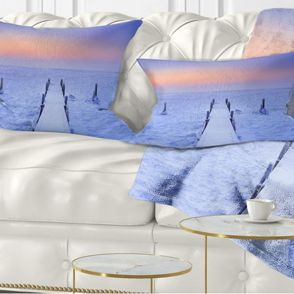 Designart Jetty in Frozen Lake Netherlands - Wooden Sea Bridge Throw Pillow - 12x20