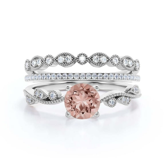 Twisted Boho & hippie 2.25 Carat Round Cut Morganite And Diamond Moissanite Engagement Ring Wedding Ring in 925 Sterling Silver With 18k White Gold Plating Promise Ring, Trio Set, Matching Band