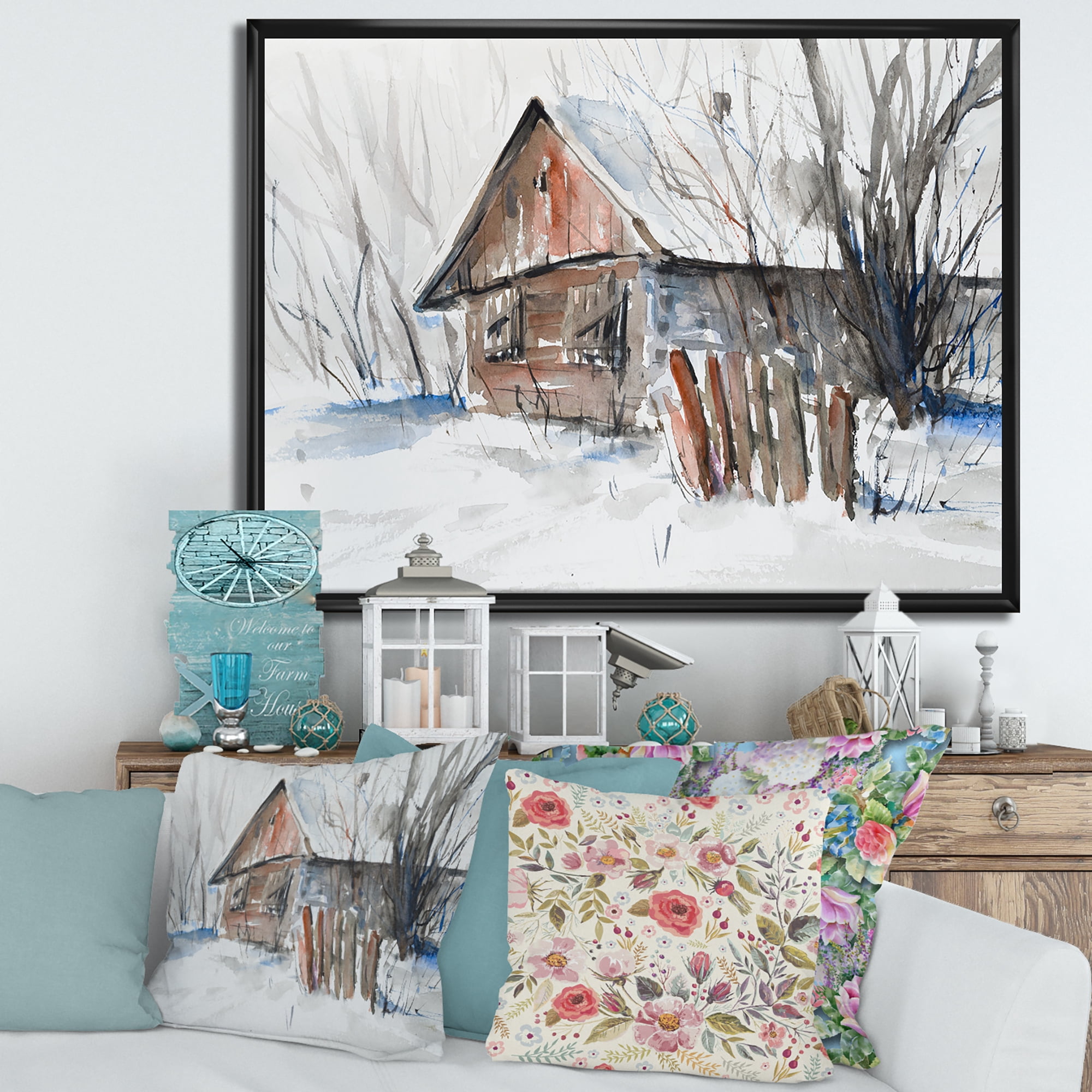 Designart 'Old Abandoned Wooden House In Winter Snow Picture' Traditional Framed Canvas Wall Art Print