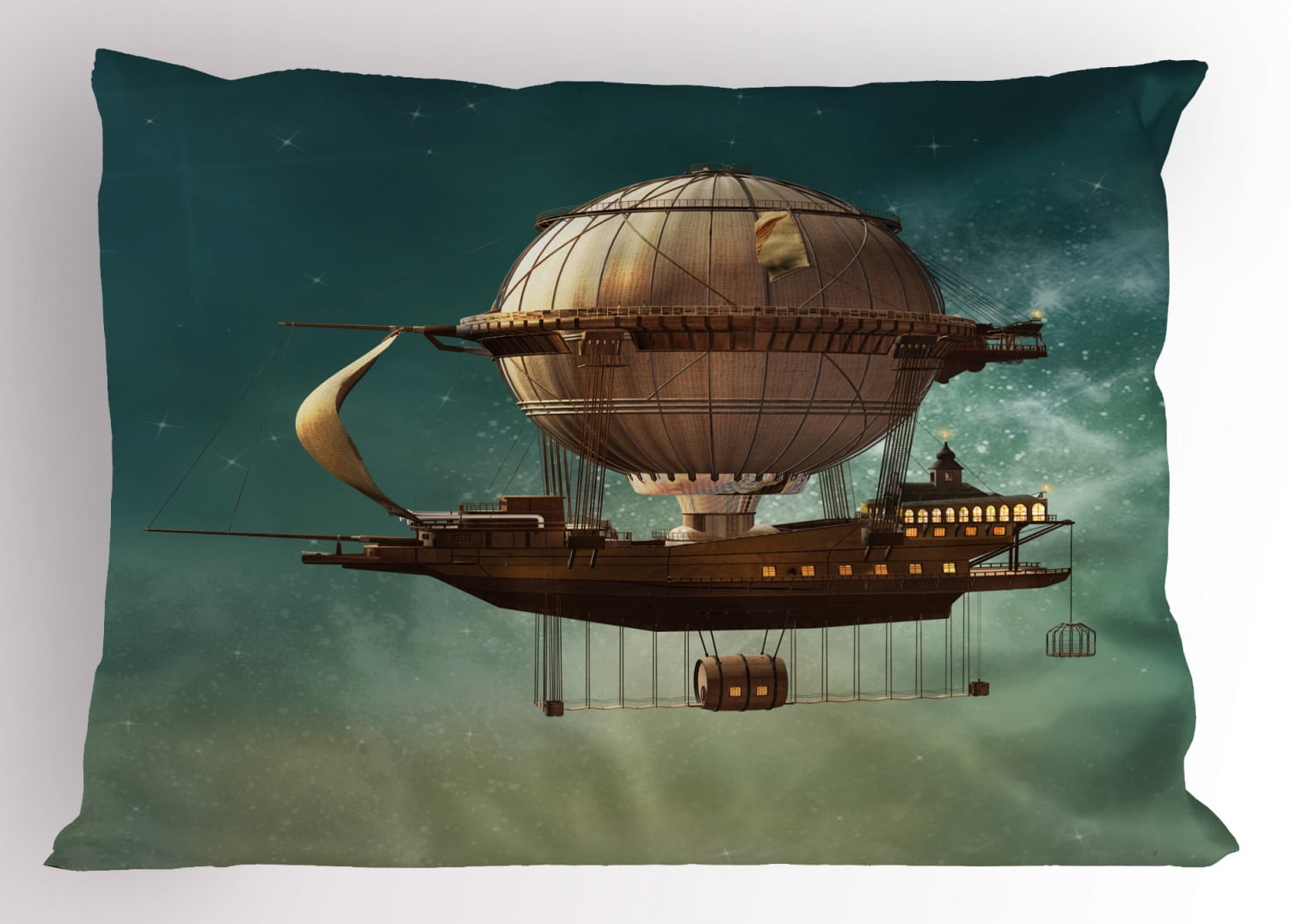 Fantasy Pillow Sham Surreal Sky Scenery with Steampunk Airship Fairy
