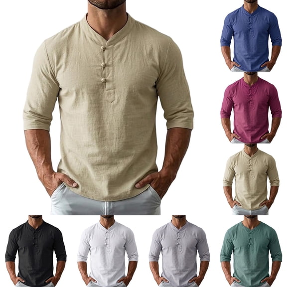 Men's Linen Casual Shirt Tops Stand Collar Short Sleeve Button Down Loose Fit Lightweight Breathable Cooling Summer Beach Vacation Travel Outfits Gift for Him | JASKFLY,Army Green L