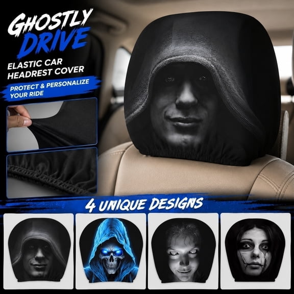 Halloween Ghost Face Headrest Covers, 1 Pack Haunted Horror Elastic Full Car Head Rest Cover, Durable Polyester, Bulk Halloween Parking Lot Trunk Or Treat Car Decoration Kit