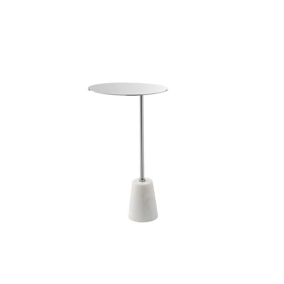 Frank 12 Inch Drink Side End Table, Chrome Top, White Marble Solid Base