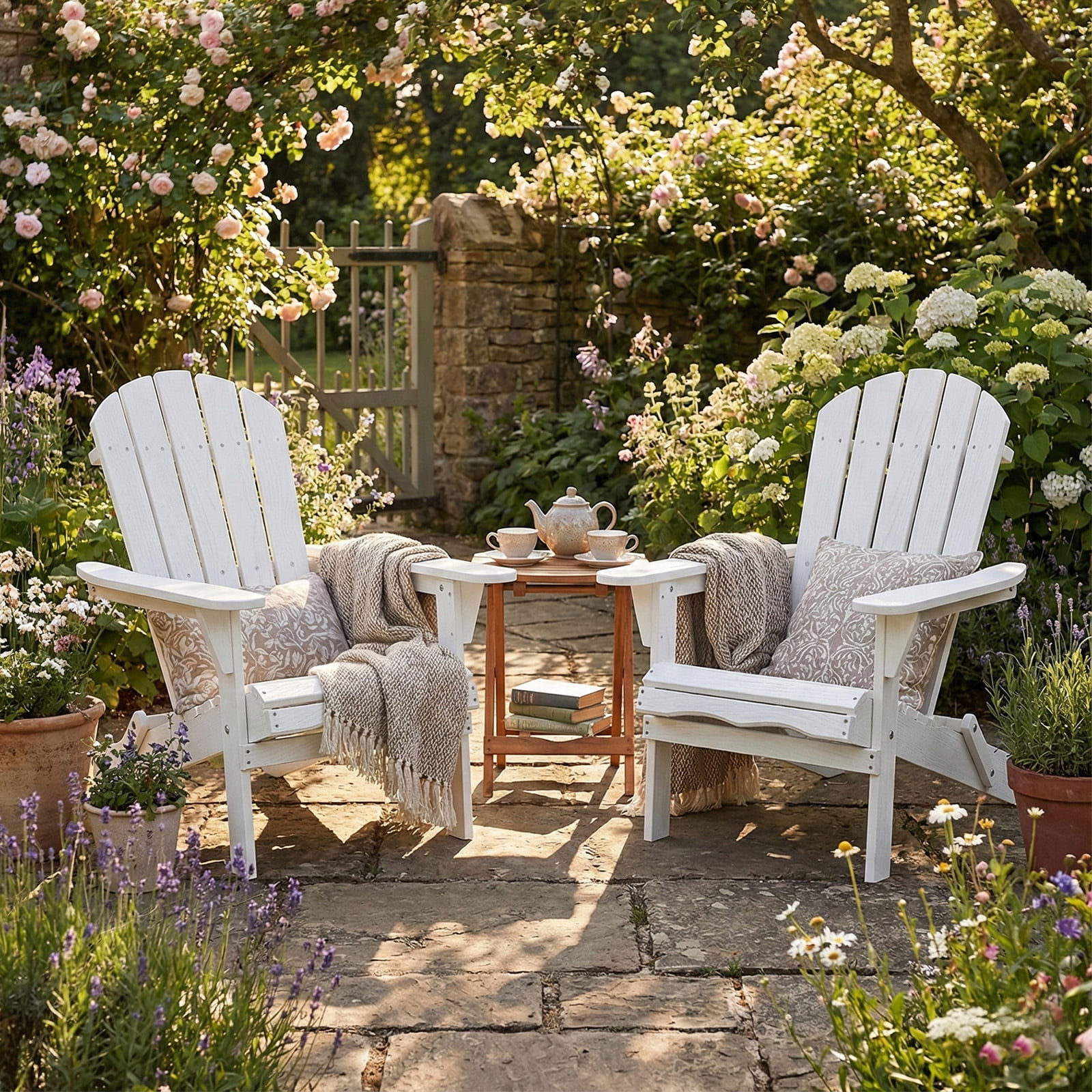 AISWORD Outdoor Folding Embossed Adirondack Chair Set of 2, Pre-Assembled BackRest Wood Lounge Chair, White