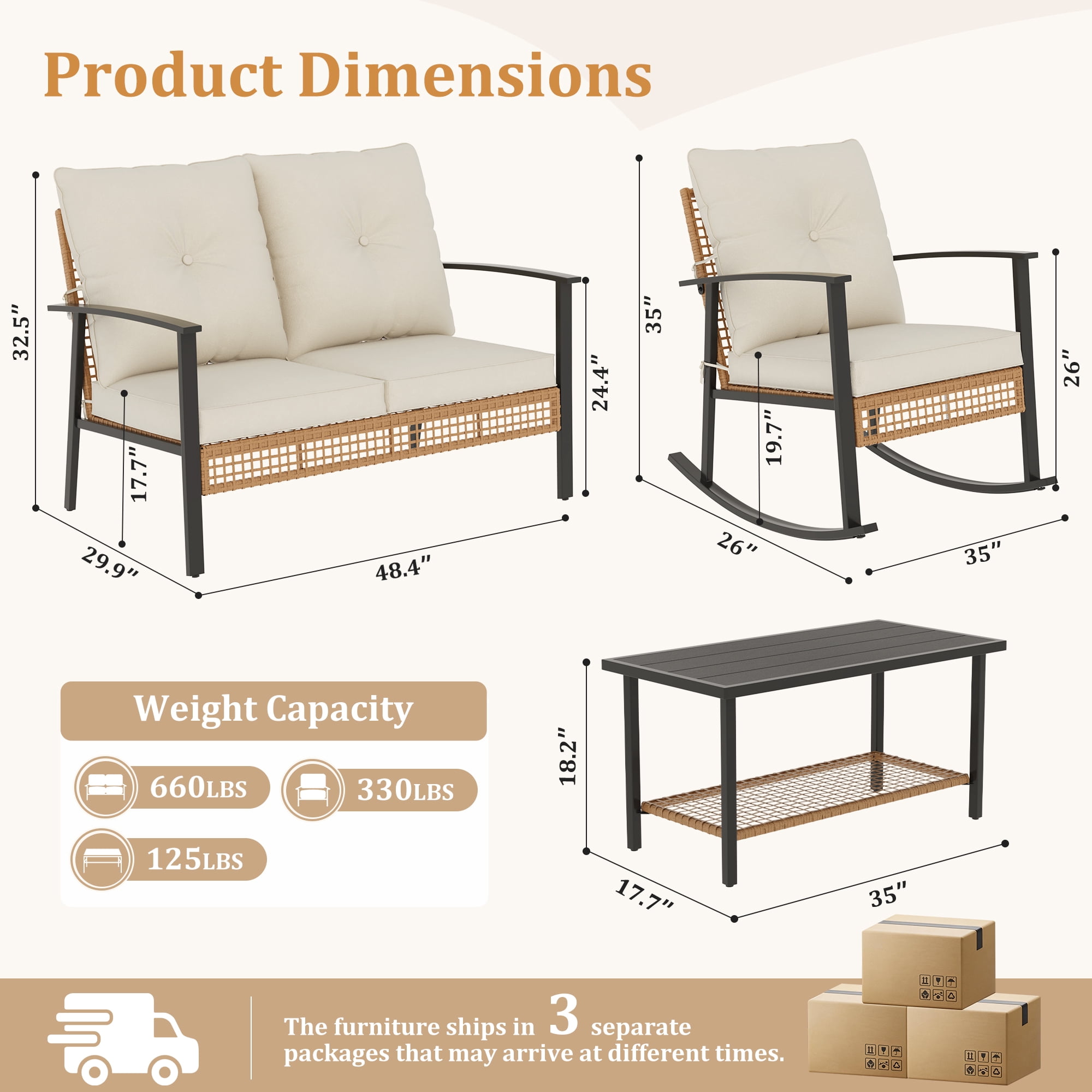 Deersky 4 Pieces Outdoor Patio Furniture Set with 2 All-Weather Wicker Rocking Chairs, Loveseat and Coffee Table, Easy Assembly for Balcony, Porch, Backyard