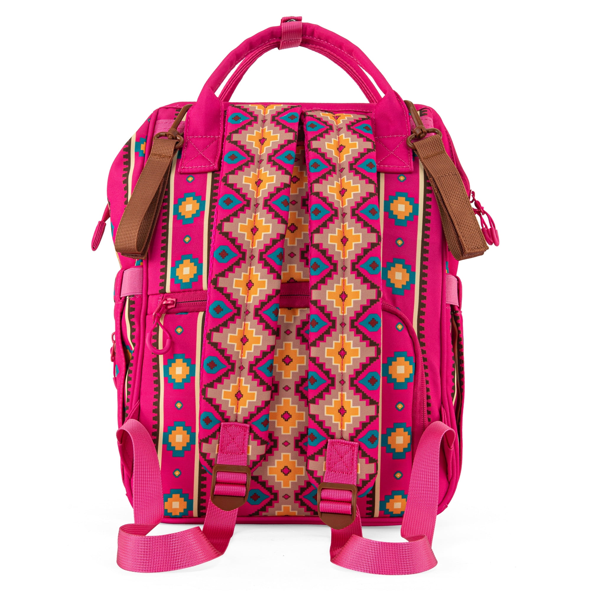 Wrangler Aztec Travel Backpack Baby Bag for Women with Stroller Strap and Side Bottle Pockets Organized Diaper Bag, Hot Pink