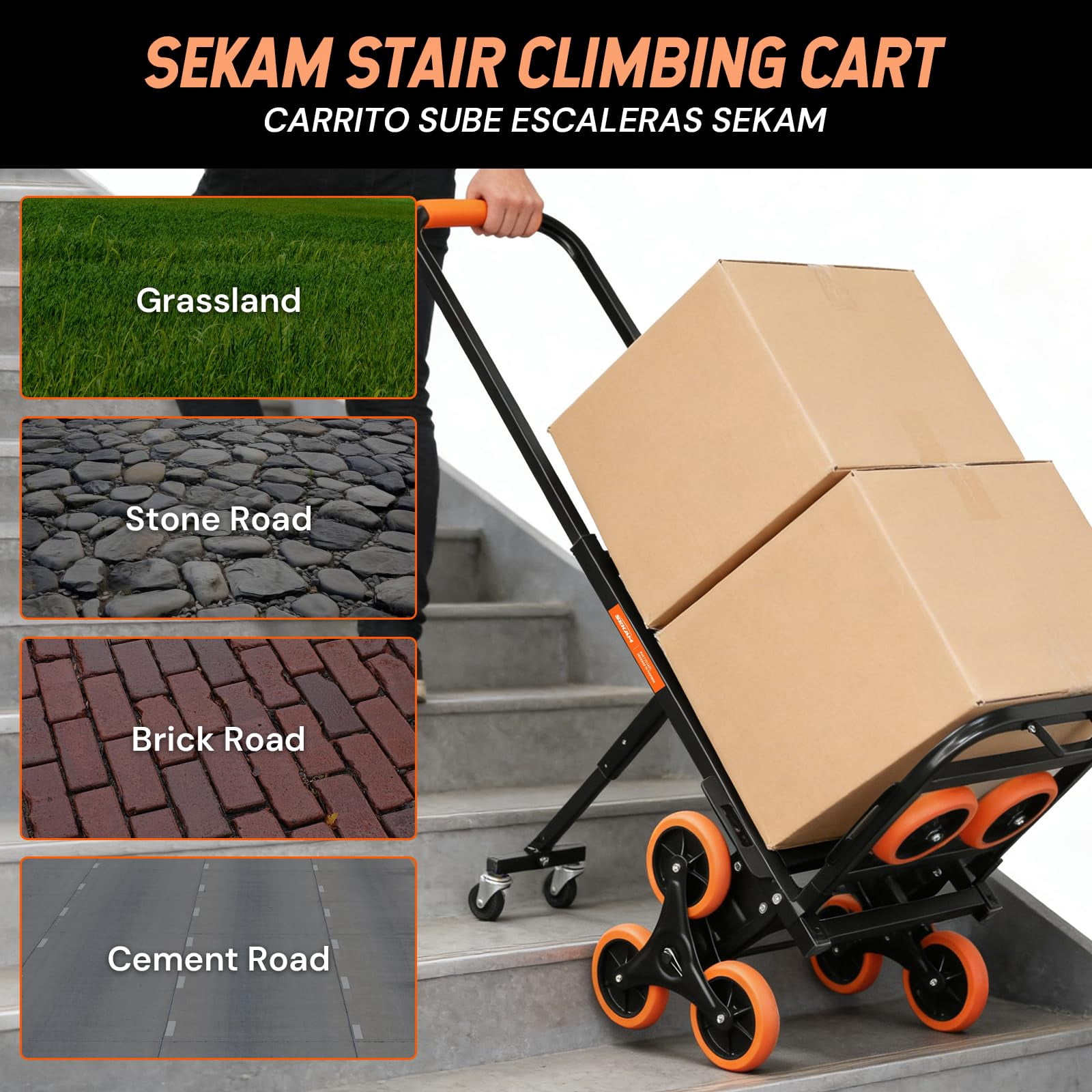 SEKAM Stair Climbing Cart, 440 lbs Capacity Folding Hand Truck with 10 Wheels, Heavy Duty Steel Dolly for Moving & Warehouse, Orange