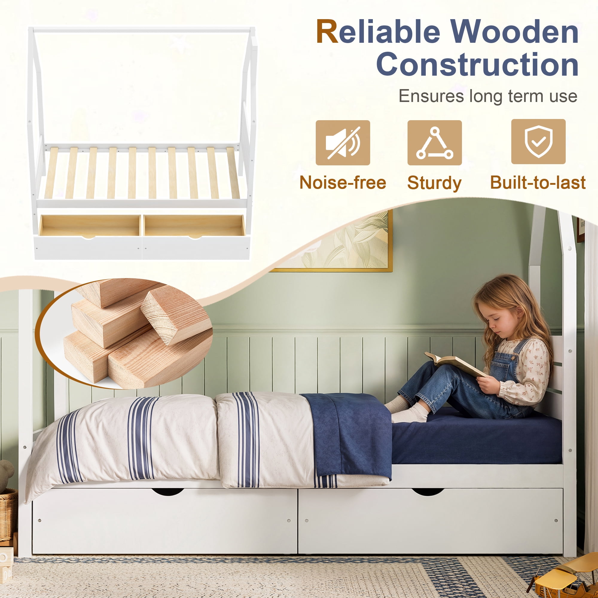 Mintazer Twin Kids House Canopy Platform Bed with 2 Storage Drawers, Montessori Bed with Headboard for Bedroom, White