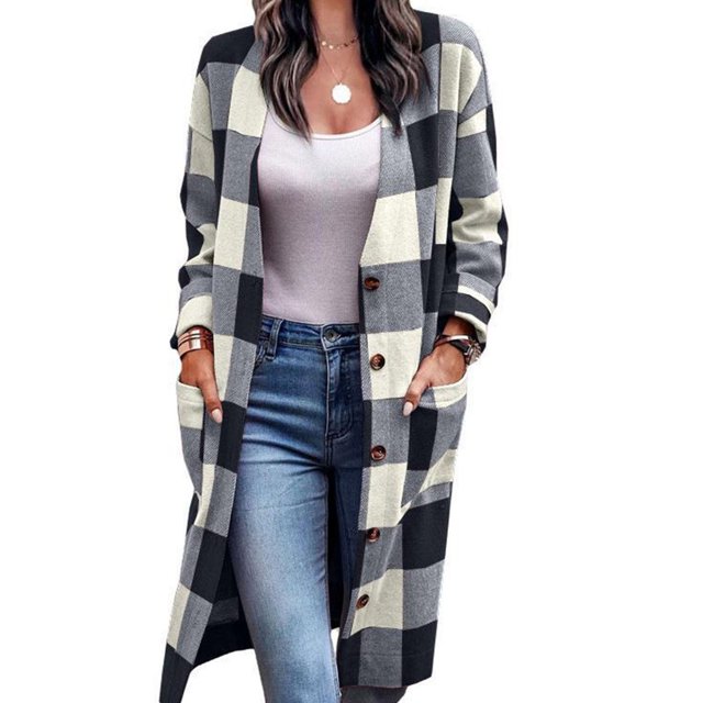 Drop Shoulder Outwear, Elegant Soft Single Breasted Plaid Outwear Loose Pocket Casual For Christmas Party ANGGREK Otros