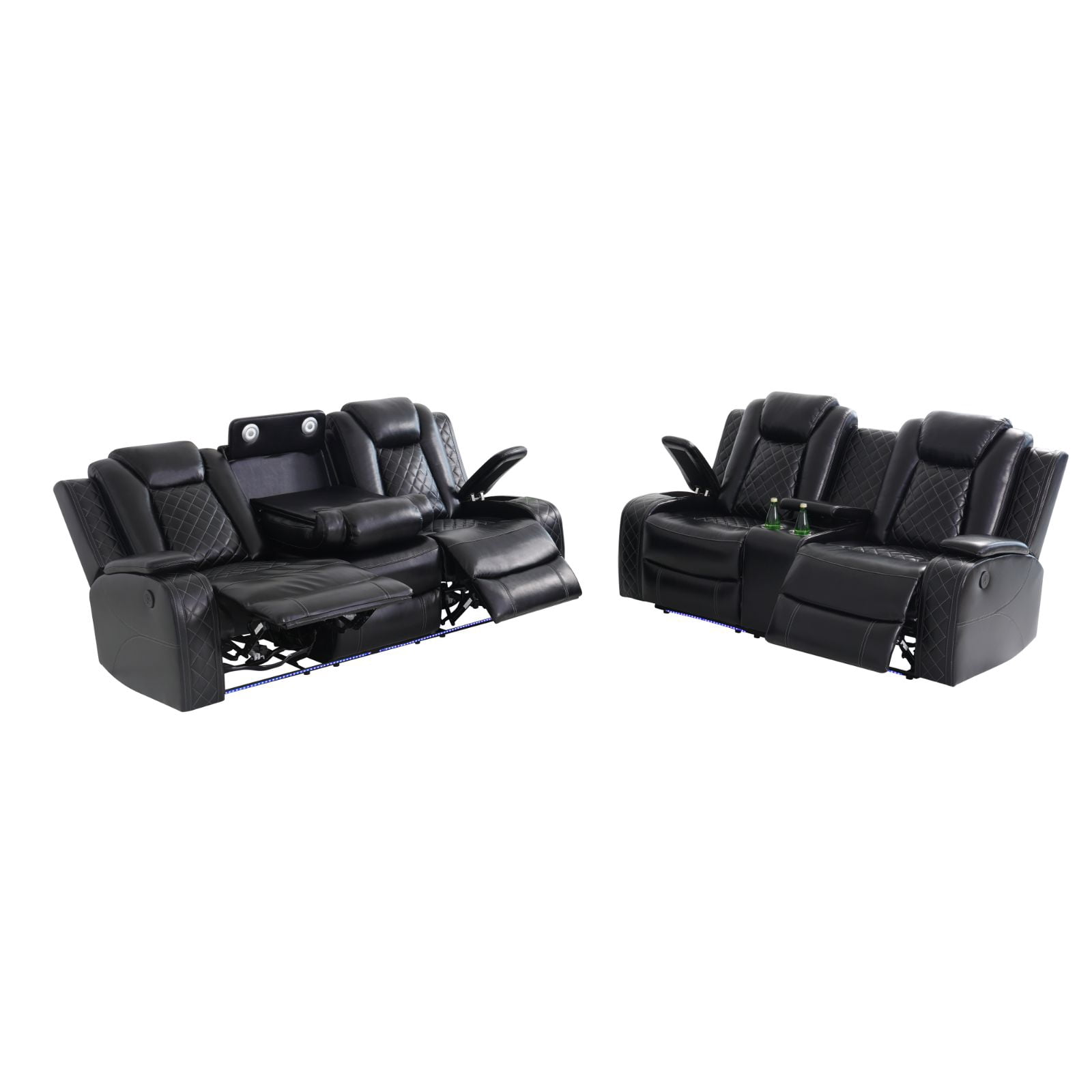 FUOROLA Faux Leather Indoor 3-Piece and Upholstered Recliners with 3 Seat Sofa Loveseat and Chair, Black