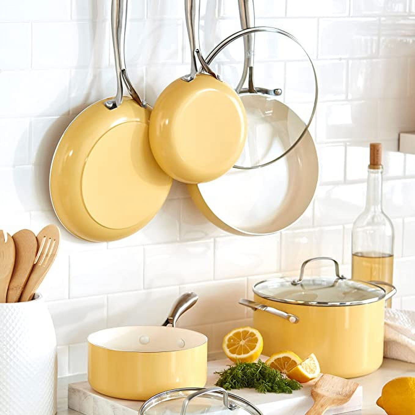 Ceramic Five Piece Kitchen Green Yellow Dish Washing Accessories