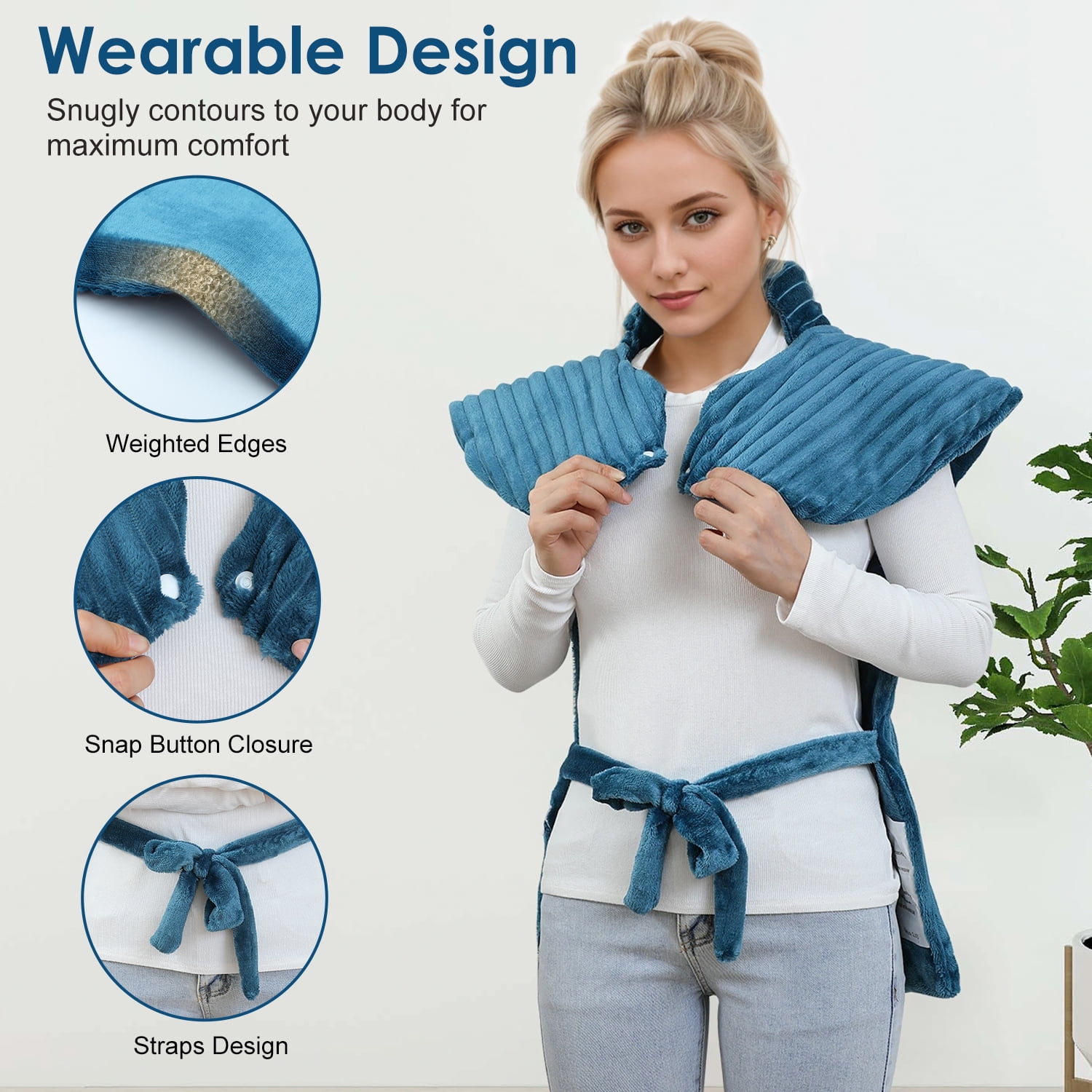 Heating Pad with Massager for Back Pain Relief 24 x35inch,Auto-Shut Off, 2 Heat Settings Wearable Heating Pad Wrap,Machine Washable,Teal