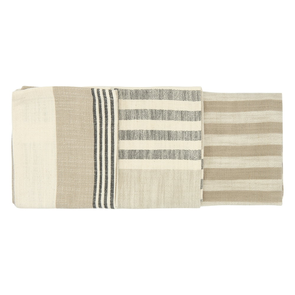 Creative CoOp Tan & Grey Striped Cotton Tea Towels (Set of 3 Pieces