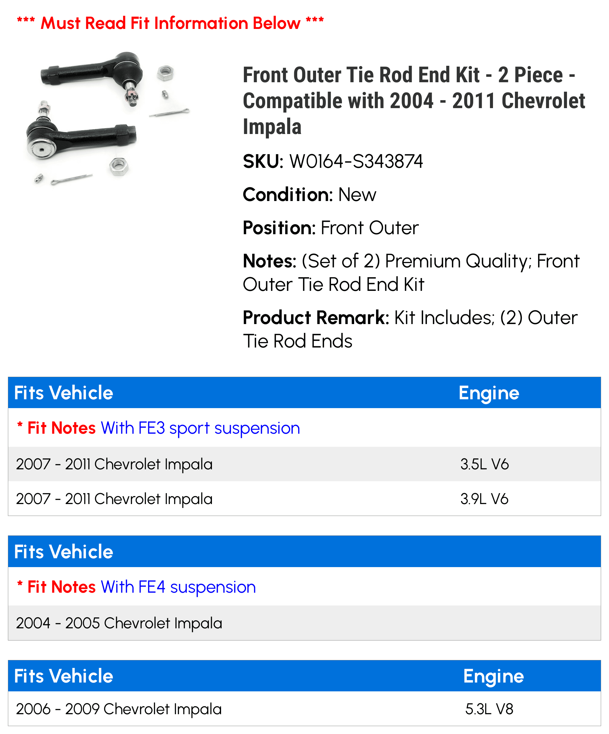 Front Outer Tie Rod End Kit - 2 Piece - Compatible with 2004 - 2011 Chevy Impala 2005 2006 2007 2008 2009 2010