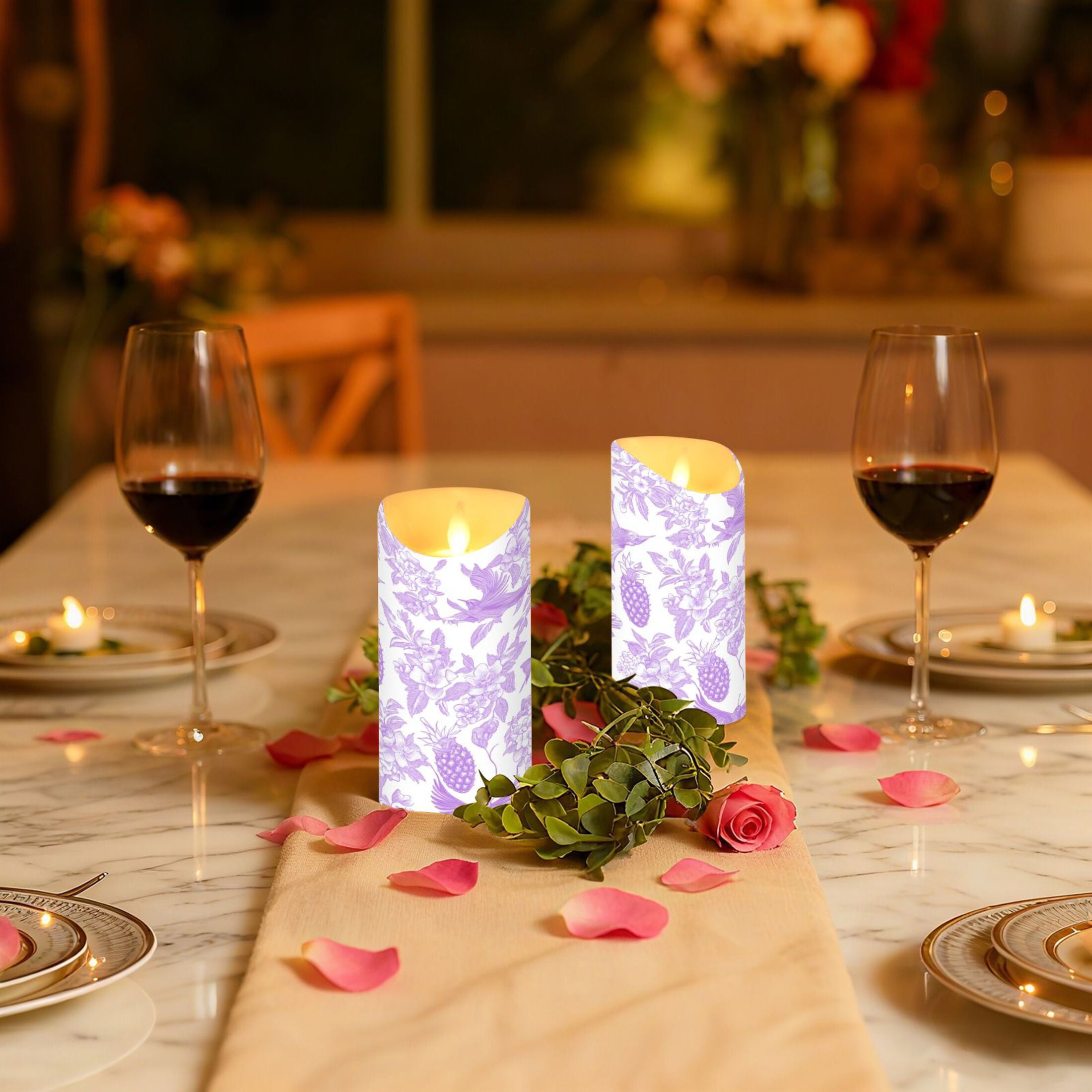 2 PCS Tilted Flameless Candles Flickering LED Lights Battery Operated Candles with Remote Timers for Holiday Decor Lilac Floral Motifs