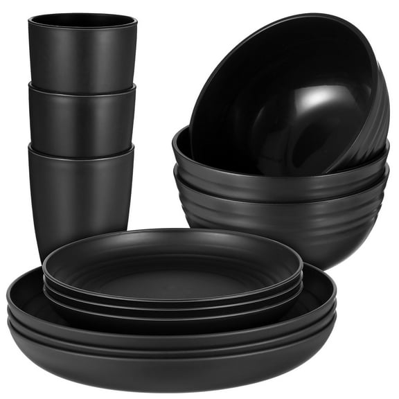unbranded 12 Pieces Outdoor Dinnerware Set Black Camping Plates And Bowls For Family Use