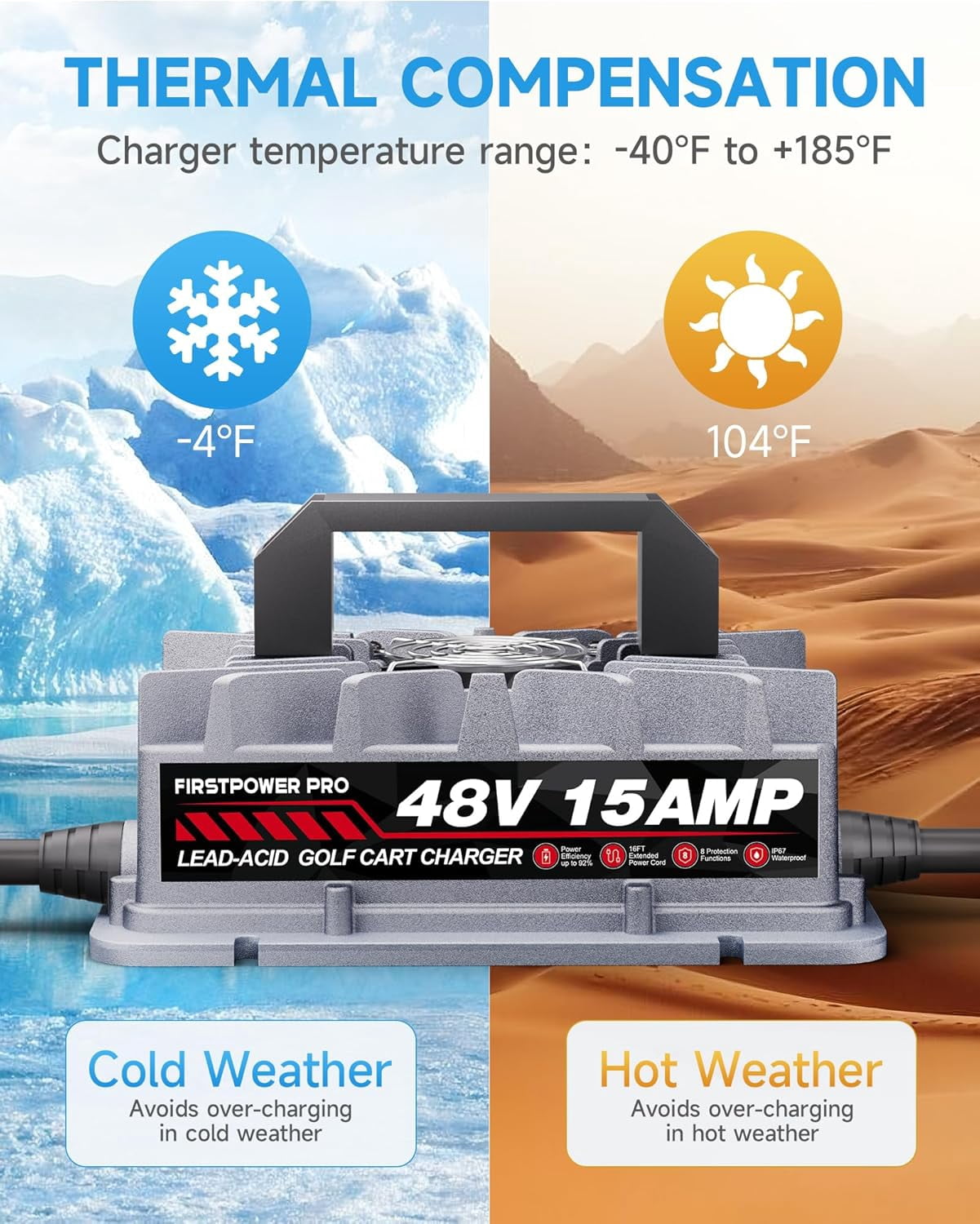 Club Car Charger, 48V 15A Golf Cart Charger, Golf Cart Battery Charger with 3-Pin Round Plug, 4-6H Fast Full Charge Trickle Charge, Lead Acid Battery Charger - IP67 Waterproof with Fan Design