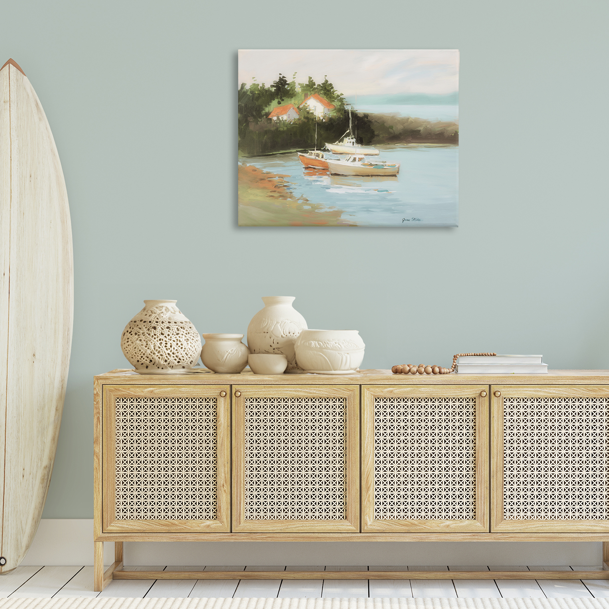 Stupell Industries Calm Boat Harbor Coastal Painting Gallery Wrapped Canvas Art Print Wall Art, 40 x 30