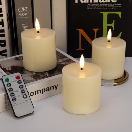 Flameless Pillar Candles, 3x3 Ivory Real Wax, Remote Timer, 3 Pack | Battery candles with timer and remote, adjustable brightness, and flickering or steady warm light for shelves and tables.