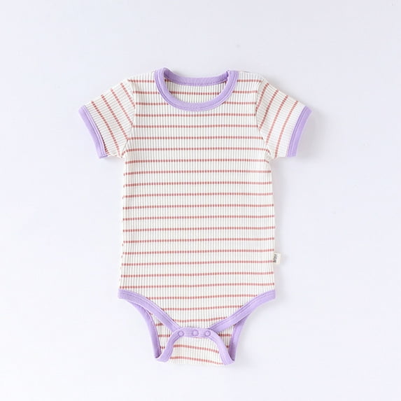 Krdevn Baby Striped Bodysuit, Ribbed Knit Short Sleeve Romper with Contrast Trim, Soft Comfortable Summer Playwear for Boys & Girls,0-3 Months