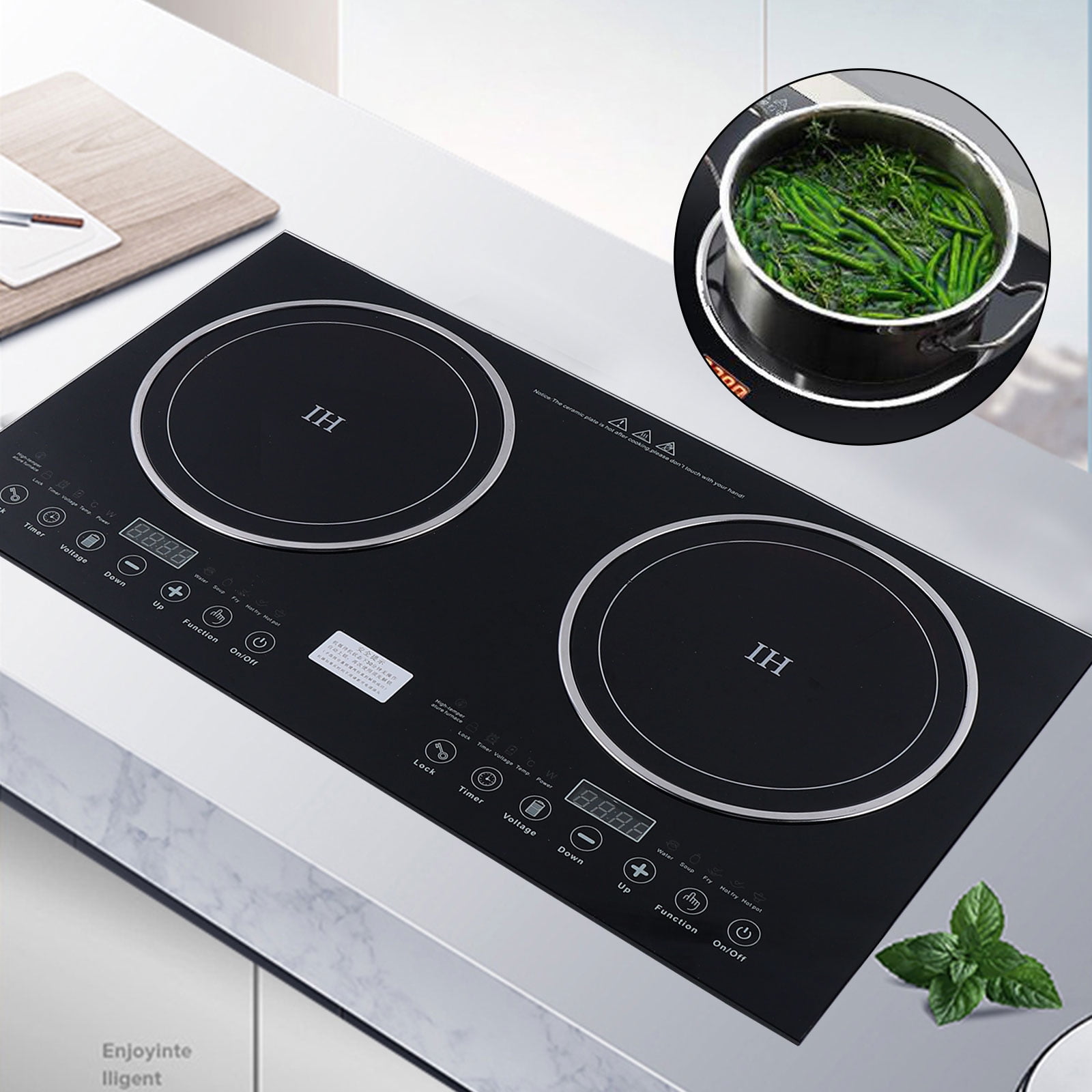 Aiqidi Induction Cooker Ceramic Cooktop Double Burners Countertop Stove Crystal Induction Hot Plate with 8 Levels Firepower Touch Control