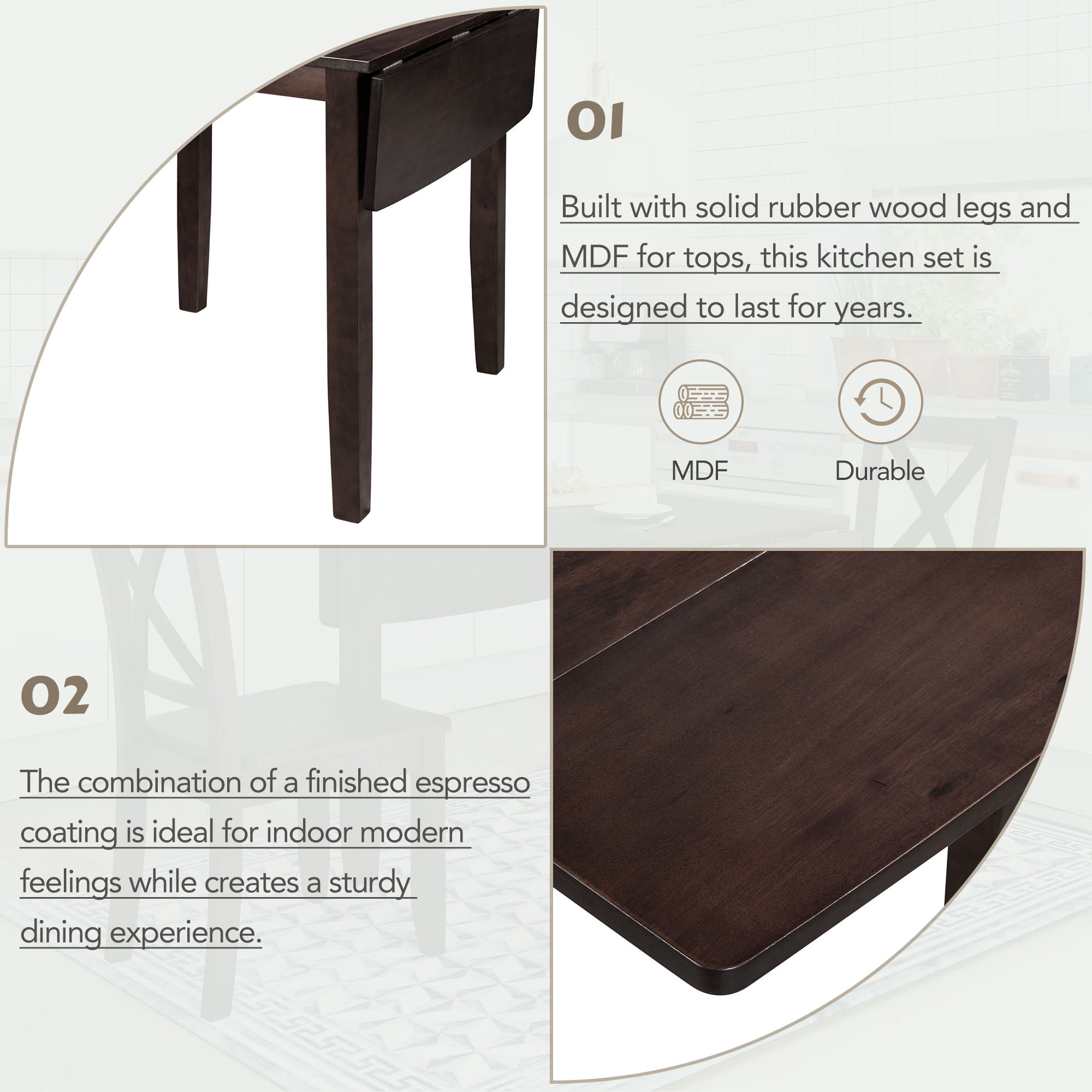 MAYEERTY 3-Piece Wood Drop Leaf Breakfast Nook Dining Table Set with 2 X-back Chairs for Small Spaces, Espresso