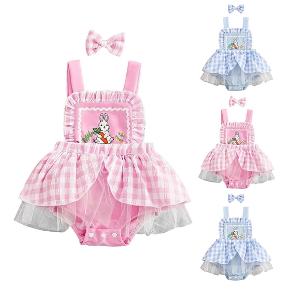 Faraee Baby Girl Clothes Newborn Plaid Romper Dress Infant Lace Ruffle Sleeveless Summer Outfits Jumpsuit with Headband 0 3 6 12 18 Months Blue