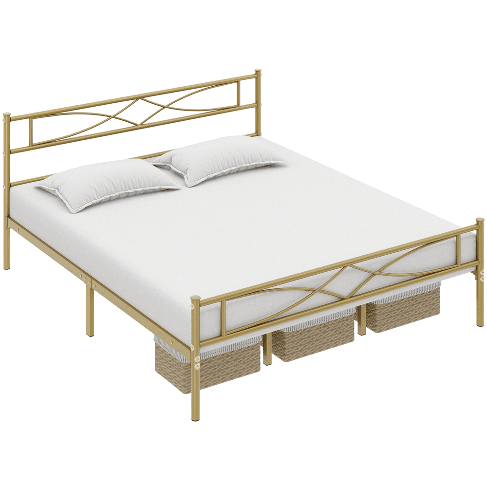 Topeakmart Metal King Bed Frame with Curved Design Headboard and Footboard, Antique Gold