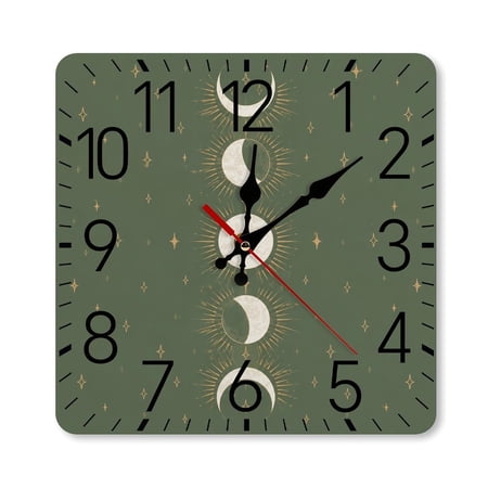 RKSupls 10ร10inch Square Silent Wall Clock Wooden Frame, Vertical Moon Phases with Golden Rays Scale Decorative Clock for Home Bedroom Living Room Office