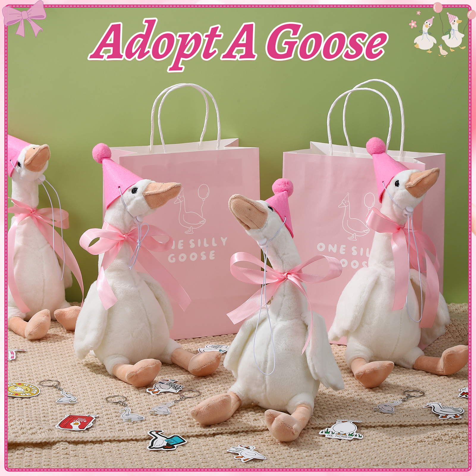 KABOER 81 Pcs Mini Goose Stuffed Animal Set, Included 8 Pcs 11.8'' Goose Plush Toys with Stickers, Keychains, Hats, Bags and Ribbons, Adopt A Pet Toys for Party Favor Supplies