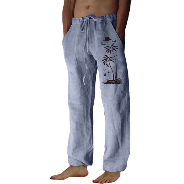 Penkiiy Mens Linen Drawstring Pants Elastic Waist Lightweight Trouser Loose Plus Size Trouser Fashion Beach Pockets Pant XL Blue