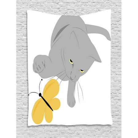 Grey and Yellow Tapestry, Cat Pet Feline Best Friend Playing with Spring Butterfly Print, Wall Hanging for Bedroom Living Room Dorm Decor, 60W X 80L Inches, Black Marigold and Grey, by