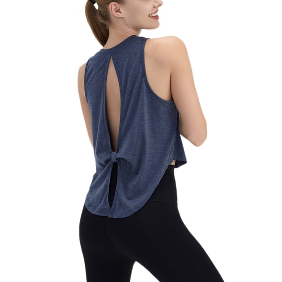 DeHolifer Workout Tank Tops for Women Yoga Shirt Sleeveless Open Back Shirts Tie Back Loose Runing Tank Top Navy M