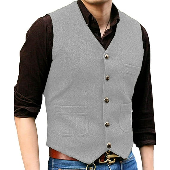 Solovedress Hunting Tweed Waistcoats Mens Herringbone Suit's Vest Wedding Vintage Wool Retro Travel Slim(Silver Grey,XL)