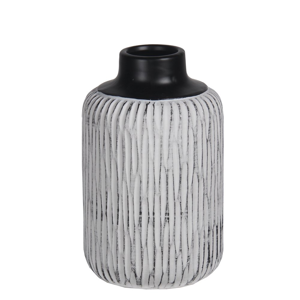 Small Ribbed White And Black Ceramic Vase