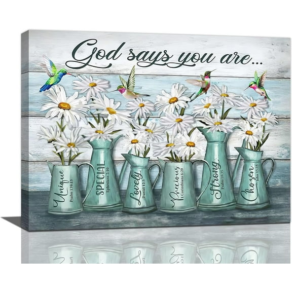 Rustic Daisy Wall Art God Says You Are Canvas Prints Painting White Daisies Floral Pictures Framed Artwork Home Decor for Bathroom Dining Living Room 16"x12"
