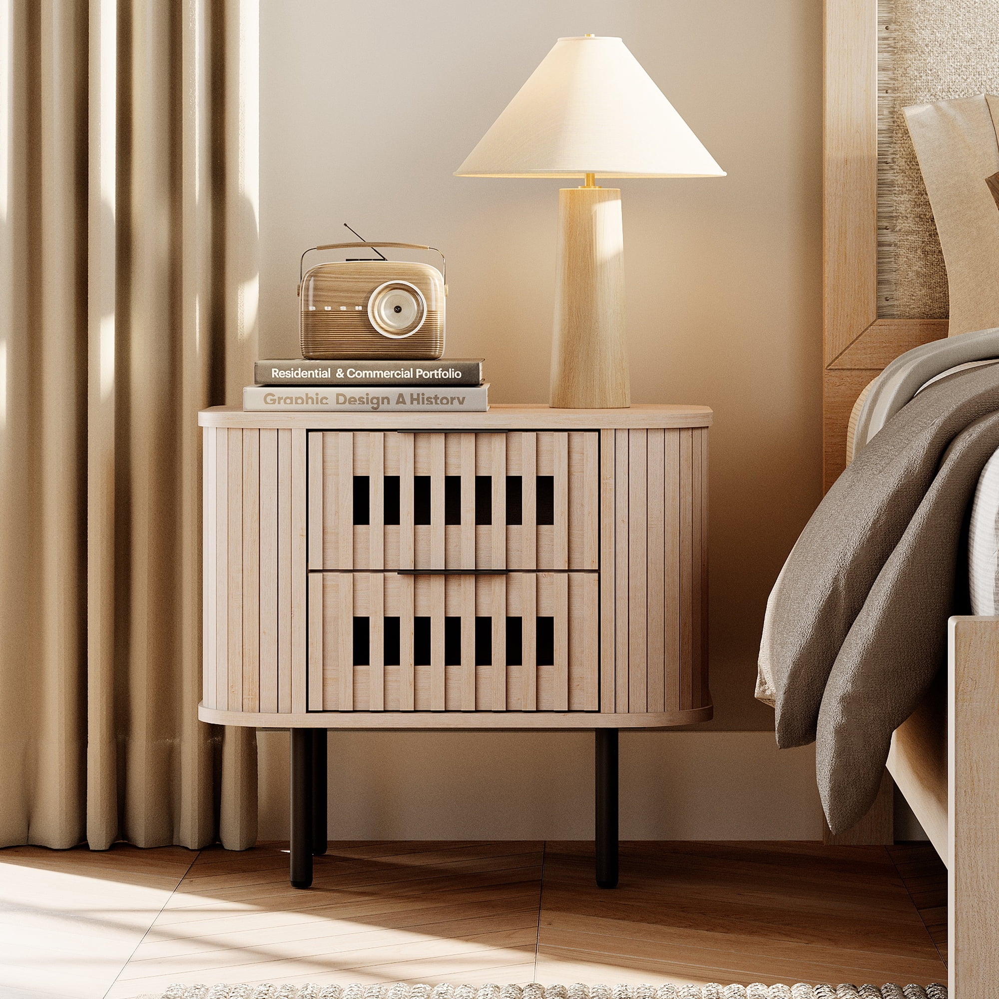 Wampat Modern Fluted Nightstand, Wooden End Table with 2 Drawers, 20.4H" Bedside table for Living Room, Bedroom, Natural