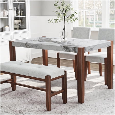 4-Person Dining Set: Rectangular Faux Marble Table 2 Chairs & Bench Beige Upholstery and Solid Wood Legs