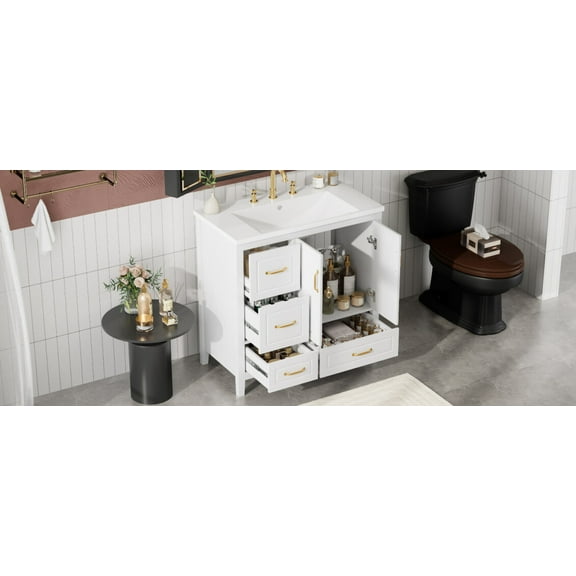 36-Inch Freestanding Bathroom Vanity with Sink, 4 Soft-Closing Drawers & Cabinet, Gold Metal Handles, White, Easy Assembly