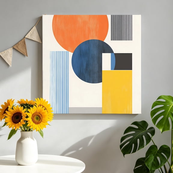 Canvas Wall Art Color Block Canvas Art Print Abstract Minimalist Blue Yellow Circular Vertical Line Wall Decor for Living Room Bedroom Artwork Decorations Stretched Framed Ready to Hang 8"x8"