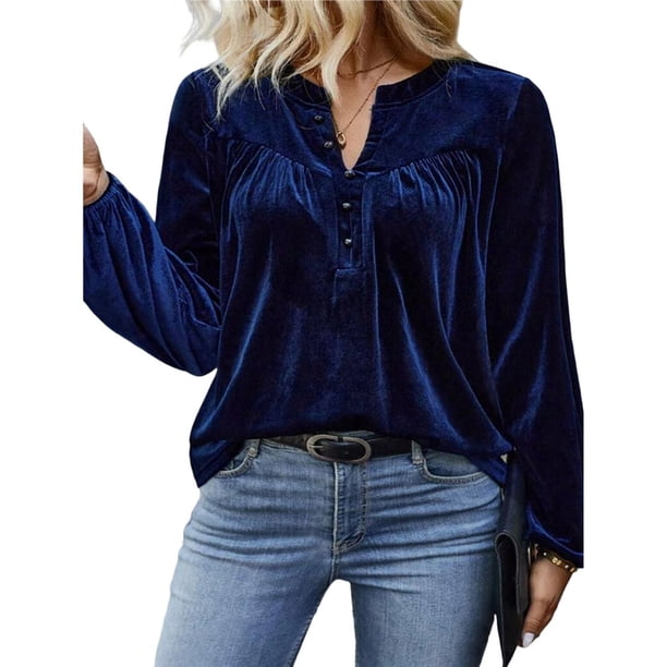 Blusas de Terciopelo con Cuello en V para Mujer, Estilo Vintage, Larga, Botones, Plisadas, Elegantes, Informales, de Otoño. Azul 5XL